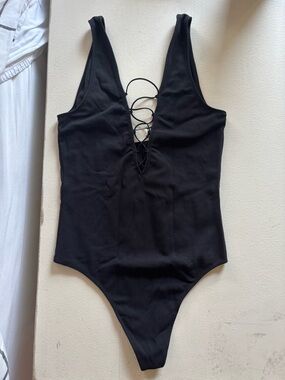 Aritzia Black Lace-Up Deep V Bodysuit
